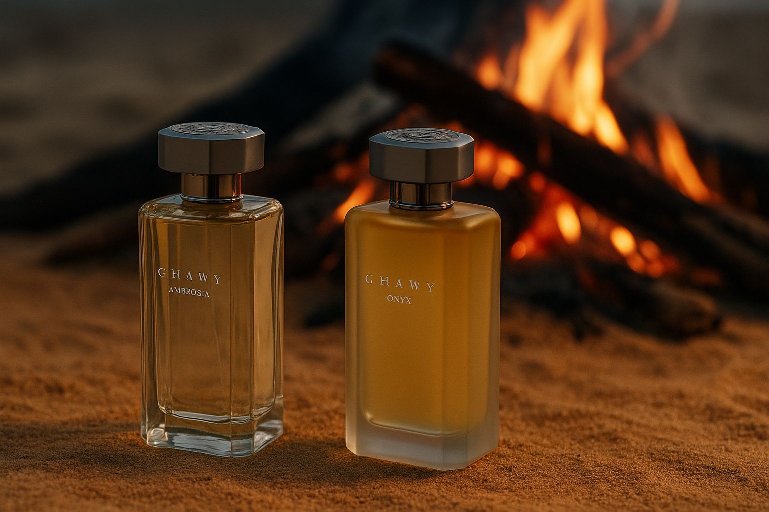 Ghawy exclusive perfumes in front of a fire.